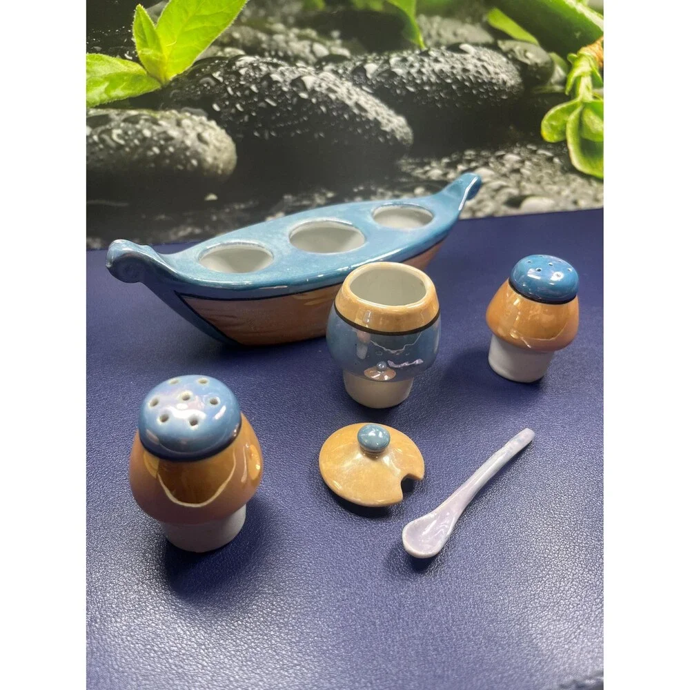 Vintage 1940s Japanese lusterware condiment boat set
